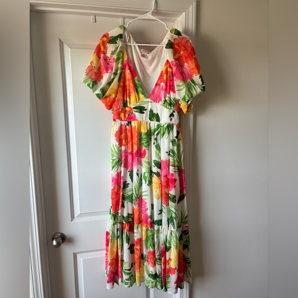 Flying Tomato White Maxi Dress with Pink, Orange & Yellow Floral Print